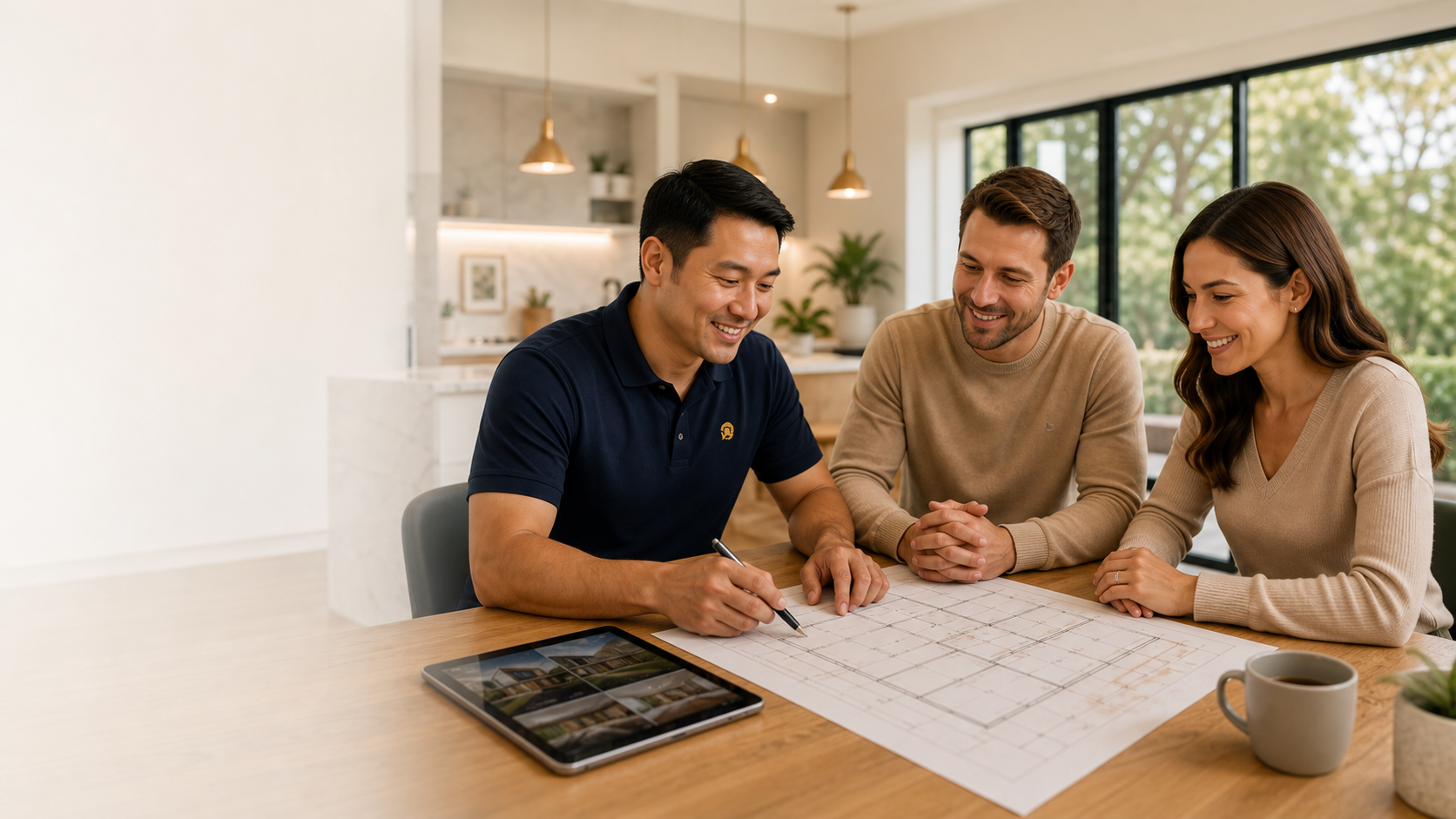 Builder reviewing home renovation plans with homeowners