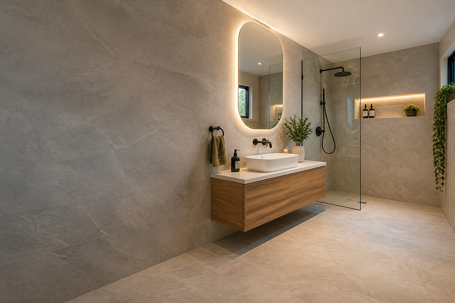 Renovated Eastwood ensuite with grey stone finishes