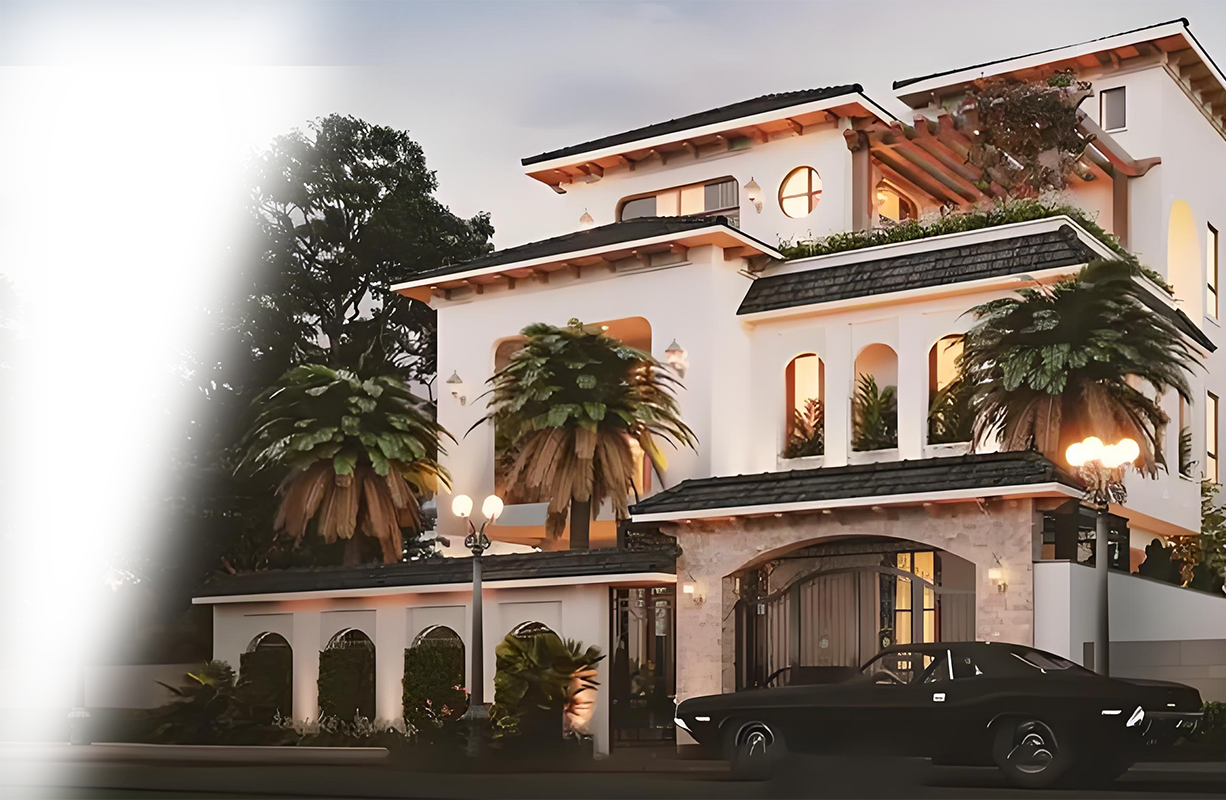 Home exterior with warm evening lighting and landscaped outdoor atmosphere